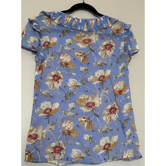 SILK Paige Women's Blue Floral Ruffle Sheer Blouse Top Size Small Flutter Sleeve - Picture 6 of 10